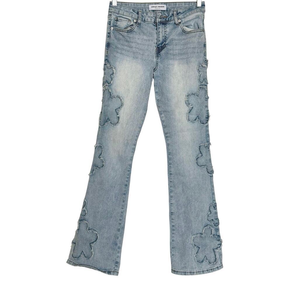 Ashley Mason Premium Distressed Floral Light Blue Jeans Bootcut 3/26